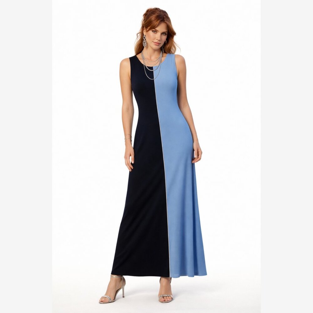 Karen Kane Colorblock Maxi Dress Navy Blue Sleeveless Size L Elegant Flow NEW - Picture 4 of 12